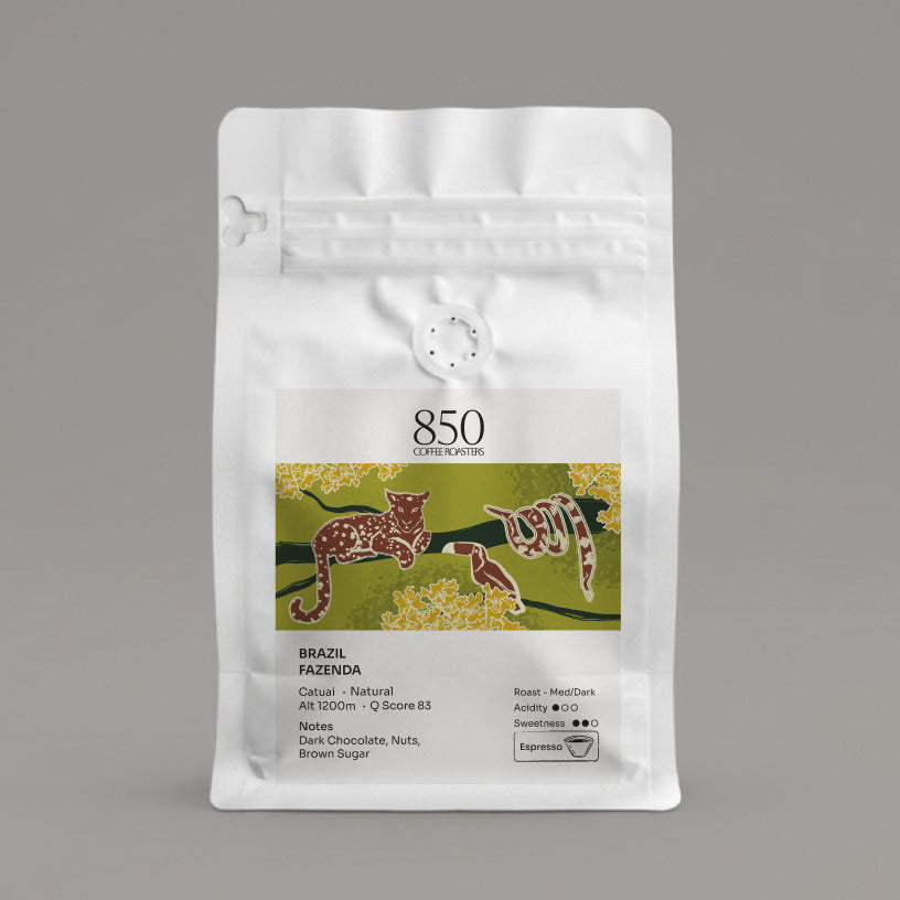 Brazil Fazenda whole bean coffee in a white 850 Coffee Roasters bag