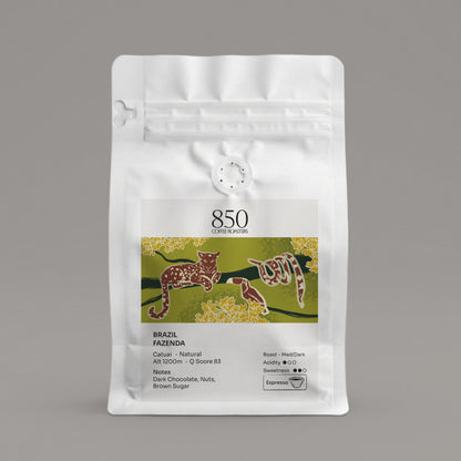 Brazil Fazenda whole bean coffee in a white 850 Coffee Roasters bag
