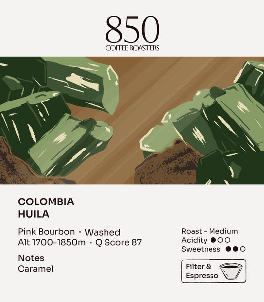 Colombia Huila Pink Bourbon label card: origin, process, roast and tasting notes