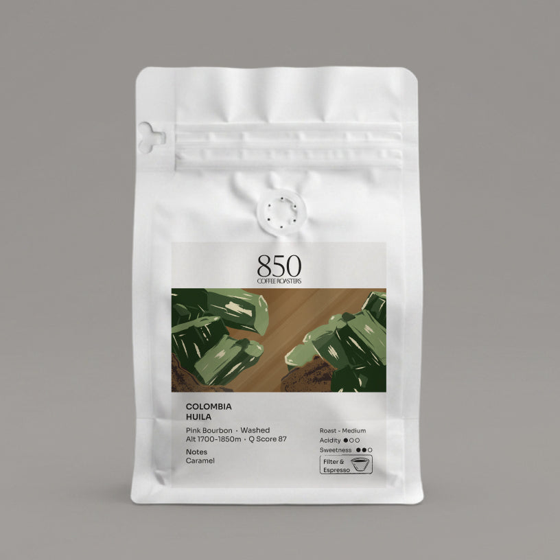 Colombia Huila Pink Bourbon whole bean coffee in a white 850 Coffee Roasters bag