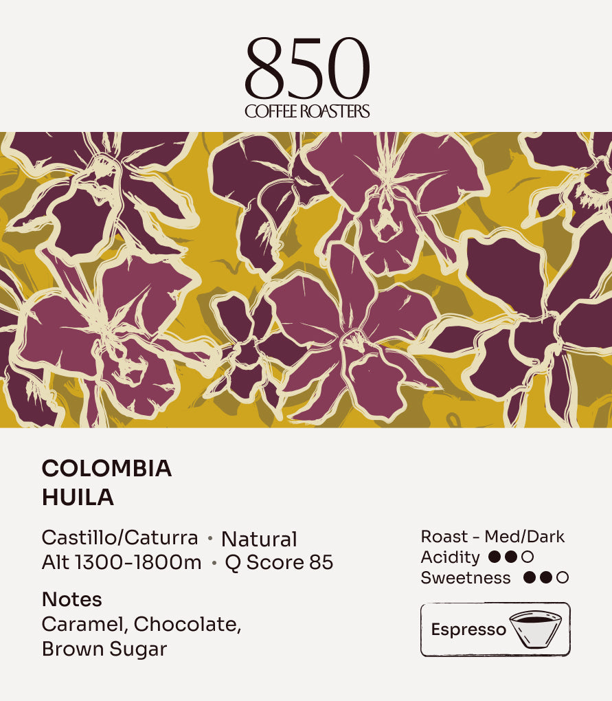 Colombia Huila label card: origin, process, roast and tasting notes
