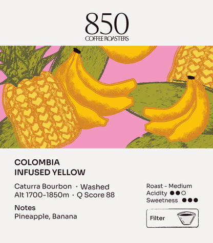 Colombia Infused Yellow label card: origin, process, roast and tasting notes