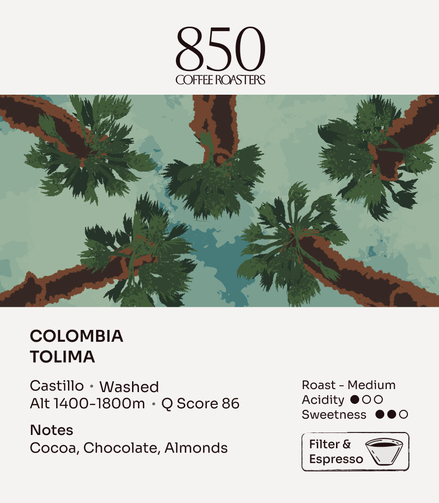 Colombia Tolima label card: origin, process, roast and tasting notes
