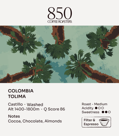 Colombia Tolima label card: origin, process, roast and tasting notes