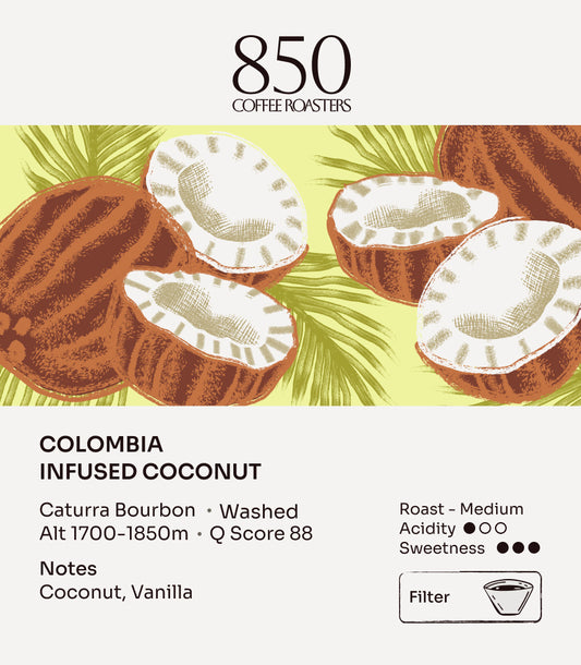 Colombia Infused Coconut label card: origin, process, roast and tasting notes