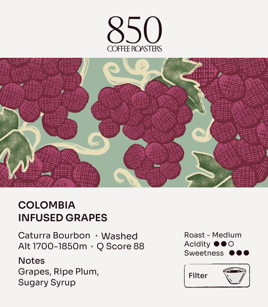 Colombia Infused Grapes label card: origin, process, roast and tasting notes