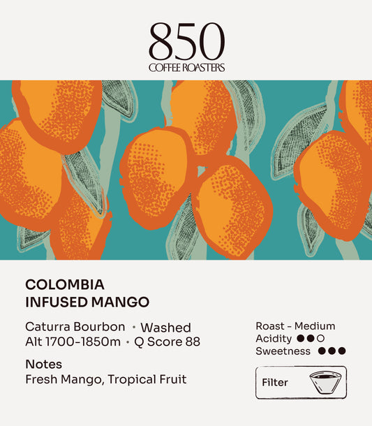 Colombia Infused Mango label card: origin, process, roast and tasting notes