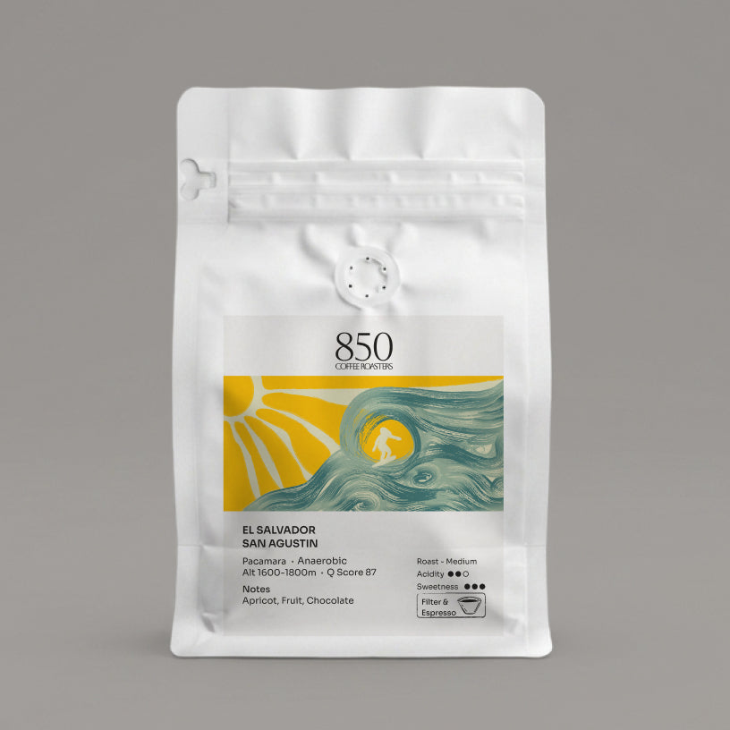 El Salvador San Agustin whole bean coffee in a white 850 Coffee Roasters bag
