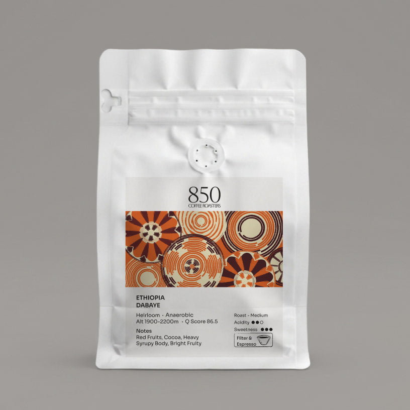 Ethiopia Dabaye whole bean coffee in a white 850 Coffee Roasters bag