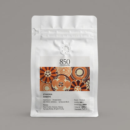 Ethiopia Dabaye whole bean coffee in a white 850 Coffee Roasters bag