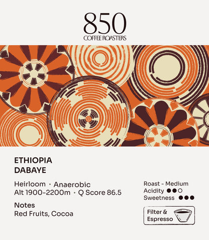 Ethiopia Dabaye label card: origin, process, roast and tasting notes