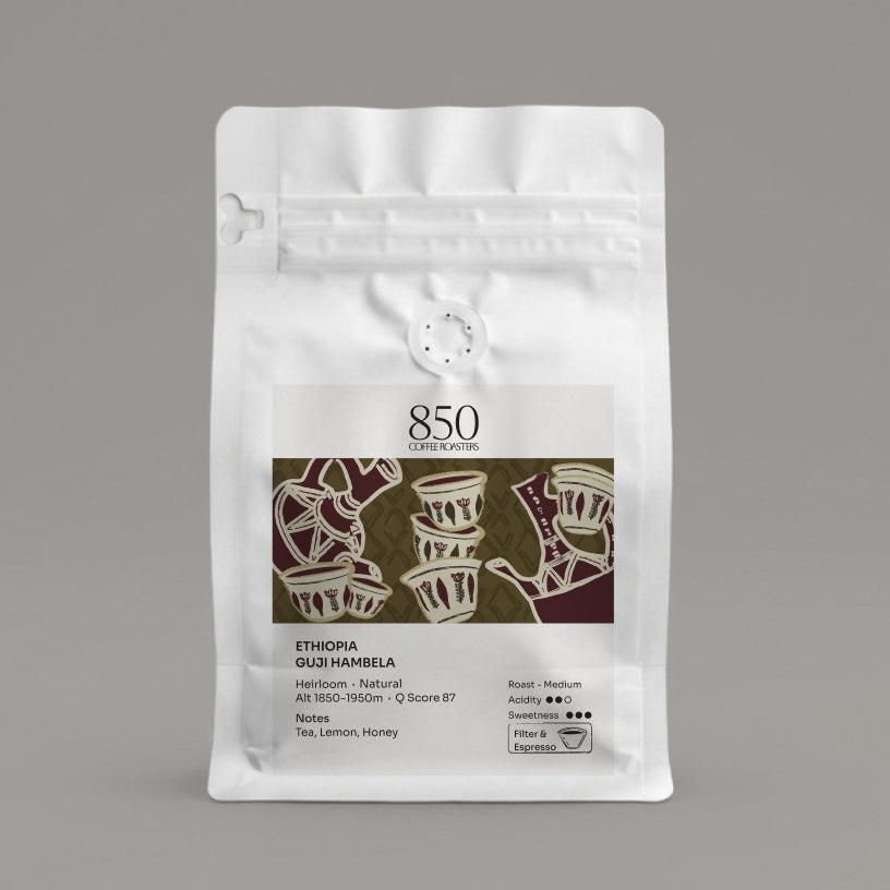 Ethiopia Guji Hambela whole bean coffee in a white 850 Coffee Roasters bag