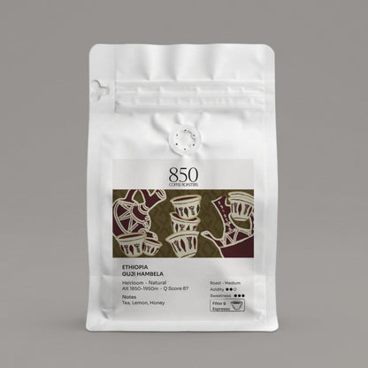 Ethiopia Guji Hambela whole bean coffee in a white 850 Coffee Roasters bag