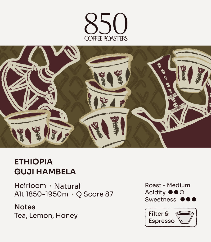 Ethiopia Guji Hambela label card: origin, process, roast and tasting notes