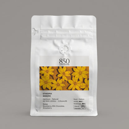 Ethiopia Sidamo whole bean coffee in a white 850 Coffee Roasters bag