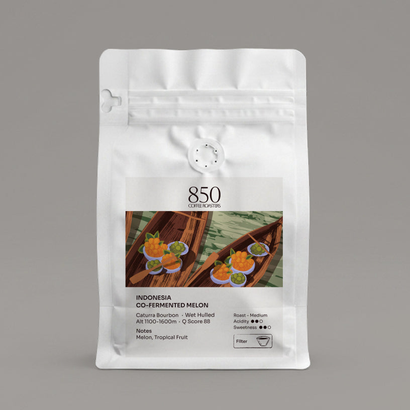 Indonesia Co-Fermented Melon whole bean coffee in a white 850 Coffee Roasters bag