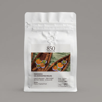 Indonesia Co-Fermented Melon whole bean coffee in a white 850 Coffee Roasters bag