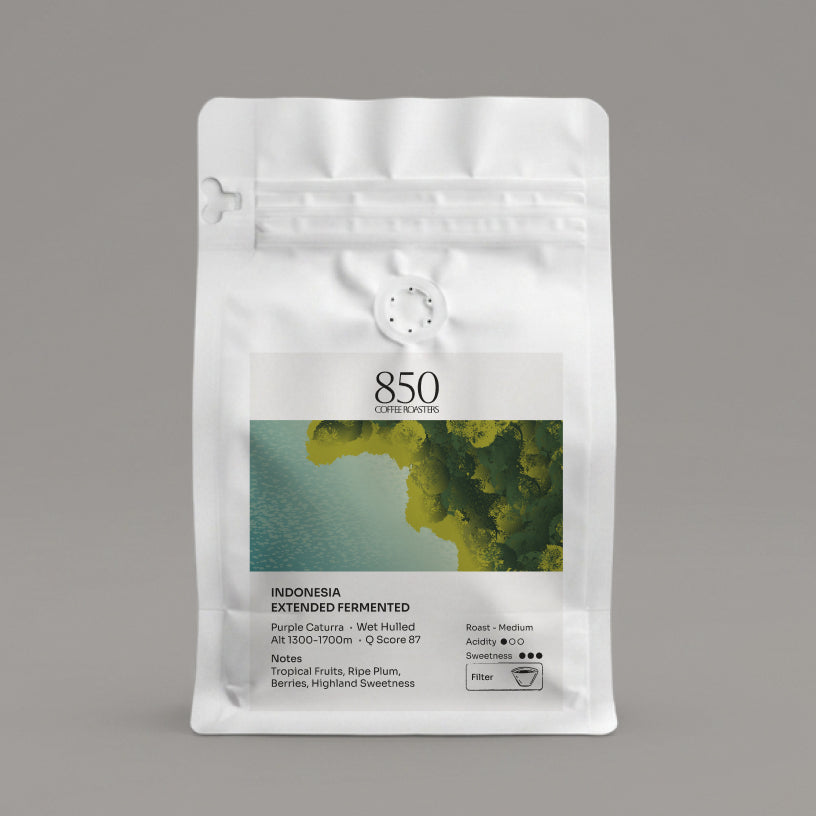 Indonesia Extended Fermented whole bean coffee in a white 850 Coffee Roasters bag