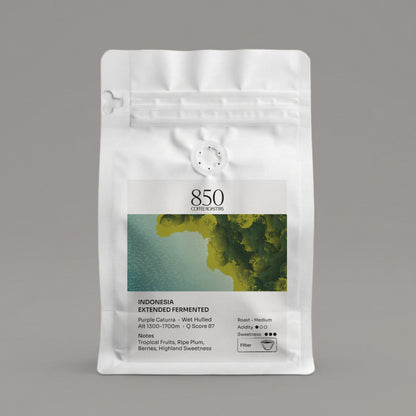 Indonesia Extended Fermented whole bean coffee in a white 850 Coffee Roasters bag