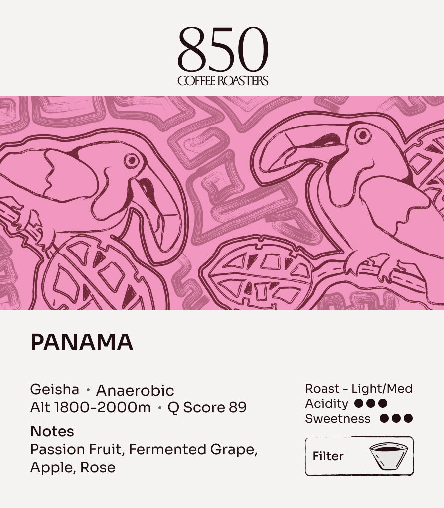 Panama Geisha label card: origin, process, roast and tasting notes