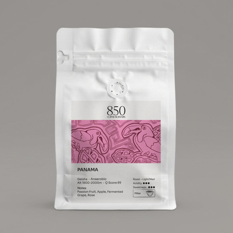 Panama Geisha whole bean coffee in a white 850 Coffee Roasters bag