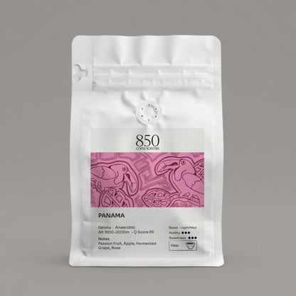 Panama Geisha whole bean coffee in a white 850 Coffee Roasters bag